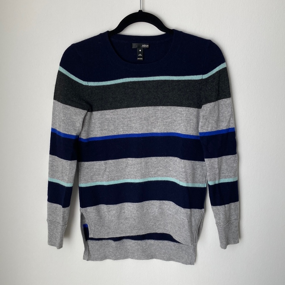 Aqua Striped 100% Cashmere XS Sweater High-Low Hem